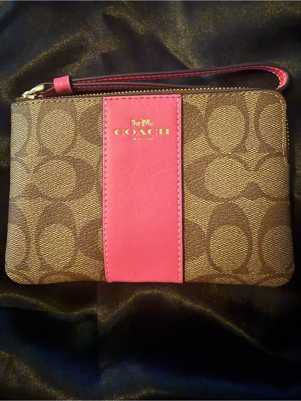 Coach Black Leather Wristlet with Gold Hardware and Burgundy Interior